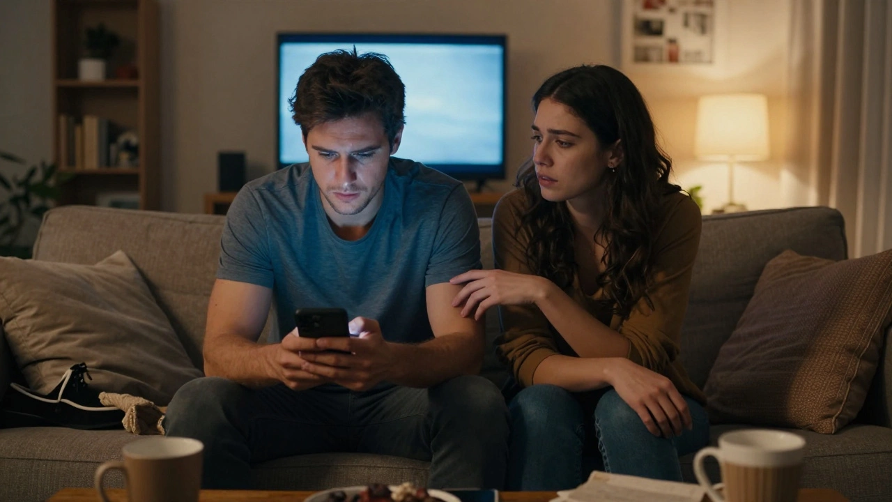 A couple on a couch, both absorbed in their phones, emotionally disconnected despite being physically close.