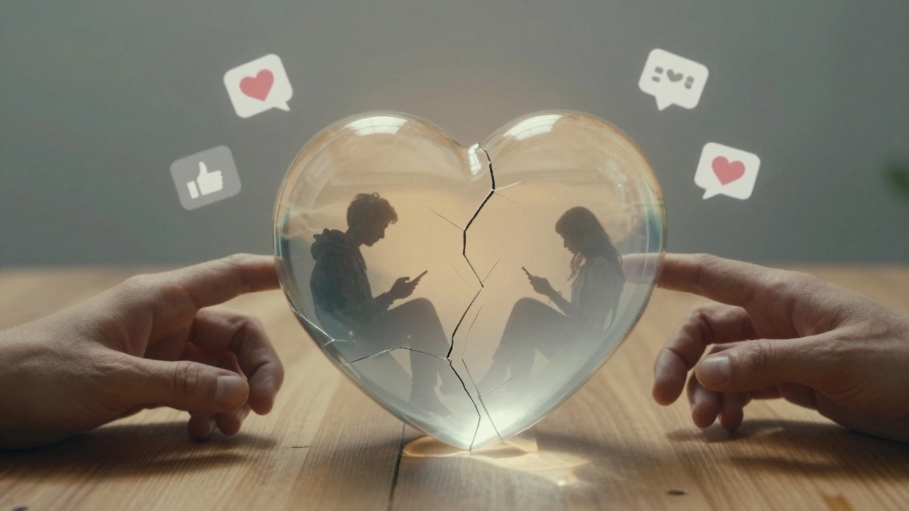 A cracked glass heart containing silhouettes of a couple scrolling on phones, while their real hands fail to connect.