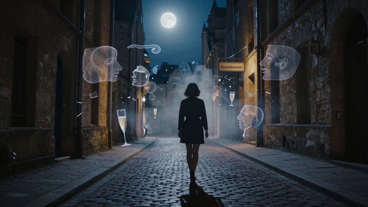 A silhouette walks away into misty Reims alley, dissolving into fragments of silent moments and champagne flutes.