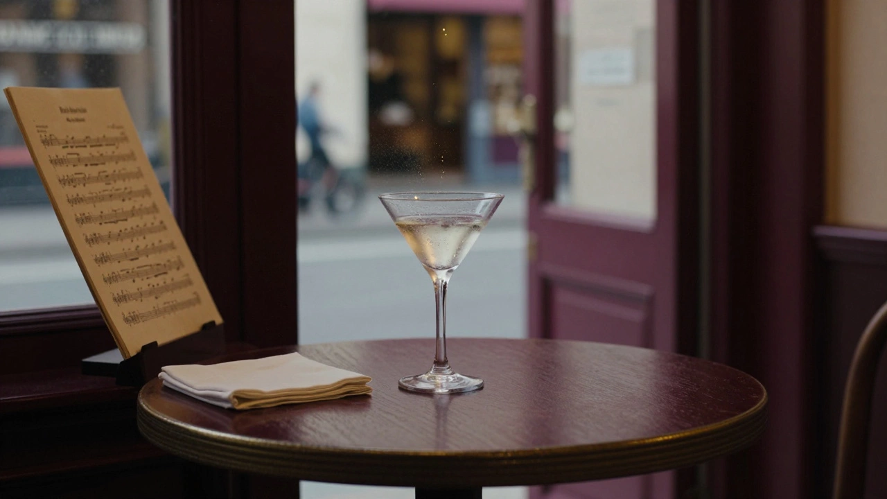 An empty corner table in a quiet bar, with a half-finished martini and folded napkin, hinting at a departed presence.